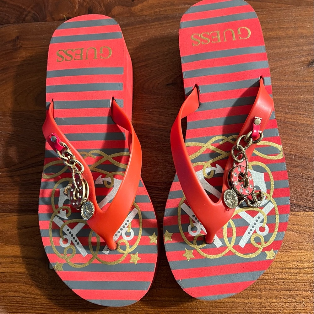 Guess Red and Gray Striped Flip Flops with Charms